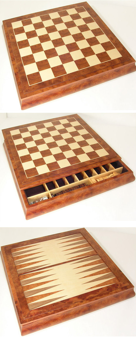 Burl Wood Backgammon &Chess Game Board with Storage Compartment.
