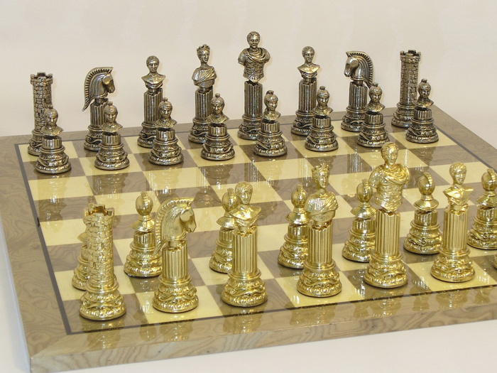 RomanThemed Metal & Ivory Gray Wood Chess Set