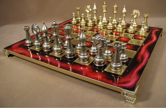 Red Enamel Chess Set Accented with Brass & Metal