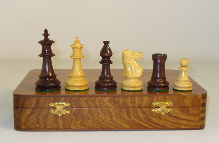 Boxwood and Rosewood Chess Pieces with Teak Box