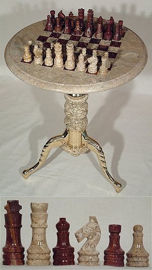 Italian Marble Pedestal Chess Table & Chess Pieces in Coral Stone and Auburn